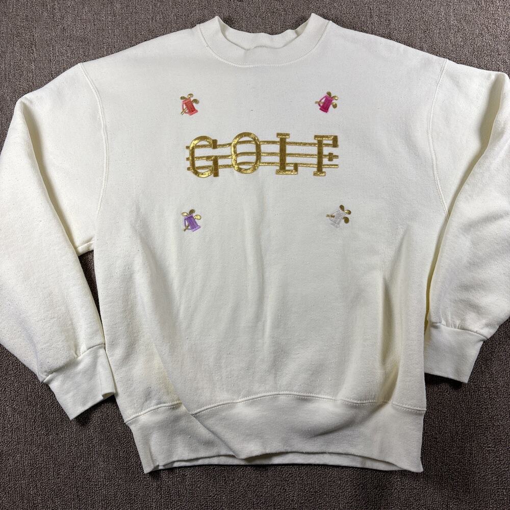 Vintage 90s Women’s Golf Sweatshirt Gold Letters Ivory Large